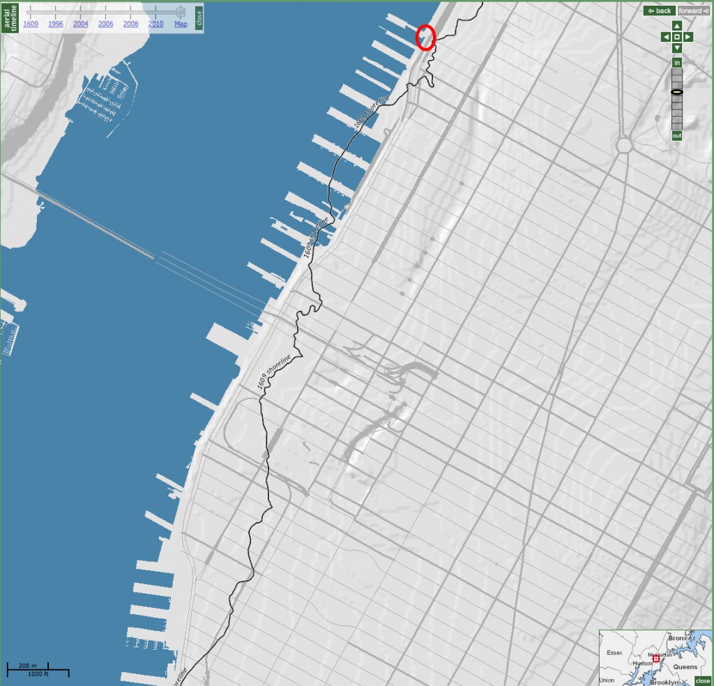 Manhattan Island with the 1609 shoreline. Courtesy of Oasis & the Mannahatta Project. 