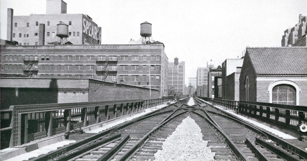 Spear & Company furniture warehouse, from the High Line, 1934. Courtesy West Side Improvement Project brochure