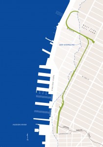 The 1609 shoreline and the High Line. Map by Marty Schnure, created for On the High Line