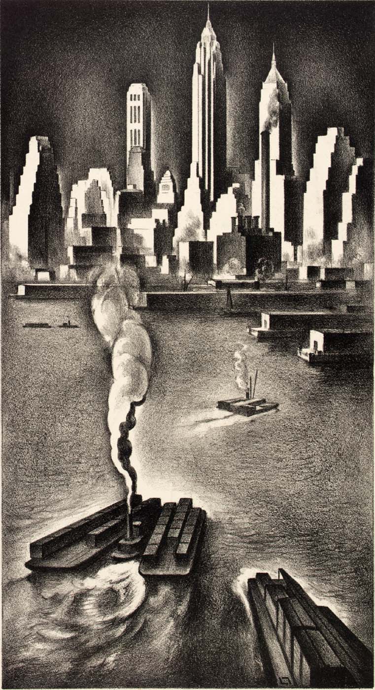 Lower Manhattan, 1936. Lithograph by Louis Lozowick. US National Archives.